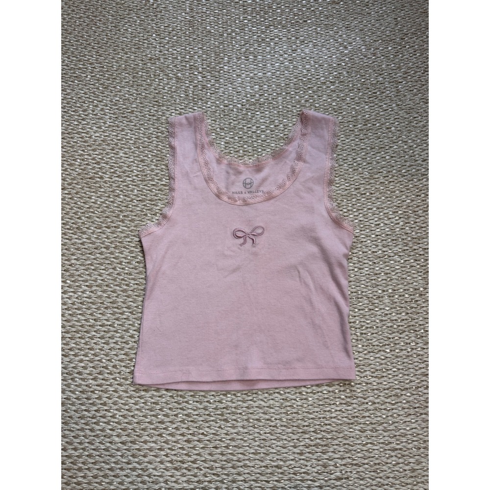 Hills & Valleys Pink Lace Trim Bow Embroidered Tank Top Coquette Balletcore L